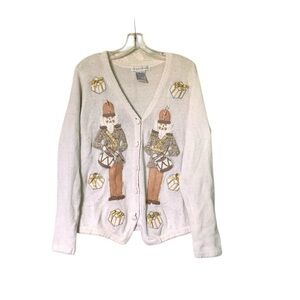 🌵Vintage Victoria Jones White Nutcracker White Knitted Cardigan Sweater M🌵